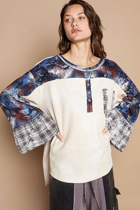 POL Round Neck Plaid Contrast Star Patch Blouse us.meeeshop - Shirts & Tops