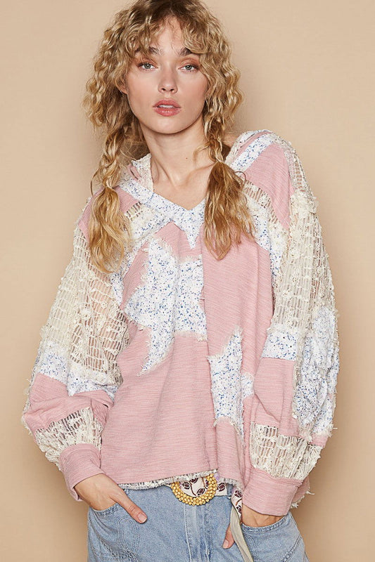 POL Star Patch Lace Long Sleeve Hooded Top us.meeeshop - Shirts & Tops