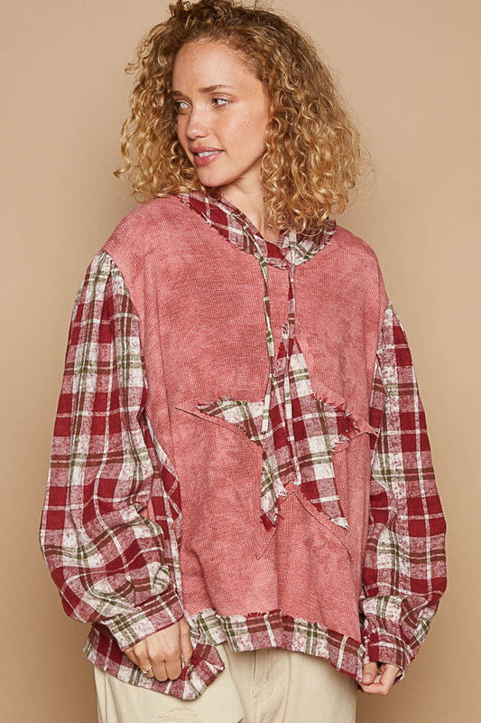 POL Star Patch Plaid Long Sleeve Hooded Top us.meeeshop - Shirts & Tops