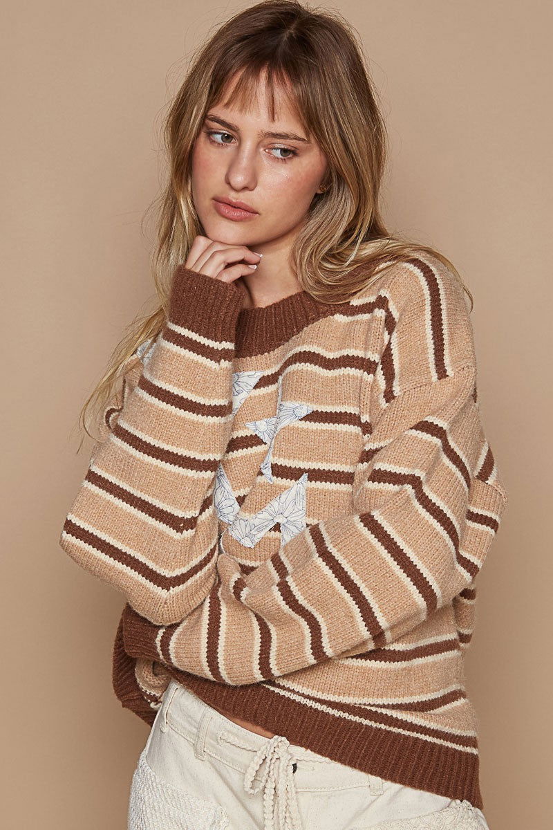 POL Star Patch Stripe Round Neck Sweater In Brown us.meeeshop - 