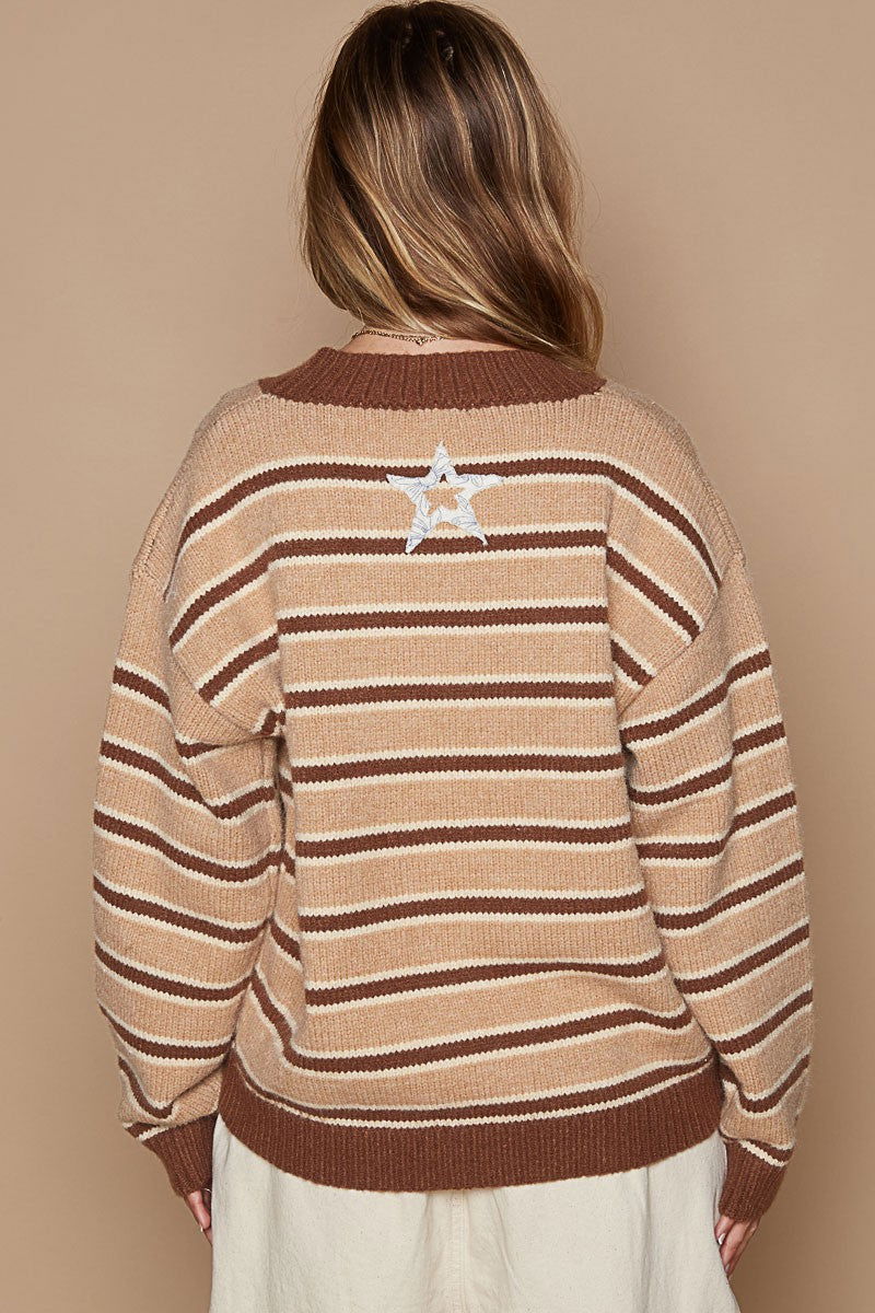 POL Star Patch Stripe Round Neck Sweater In Brown us.meeeshop - 