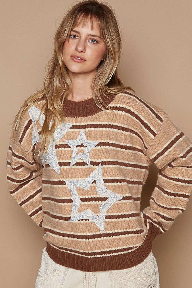 POL Star Patch Stripe Round Neck Sweater In Brown us.meeeshop - 