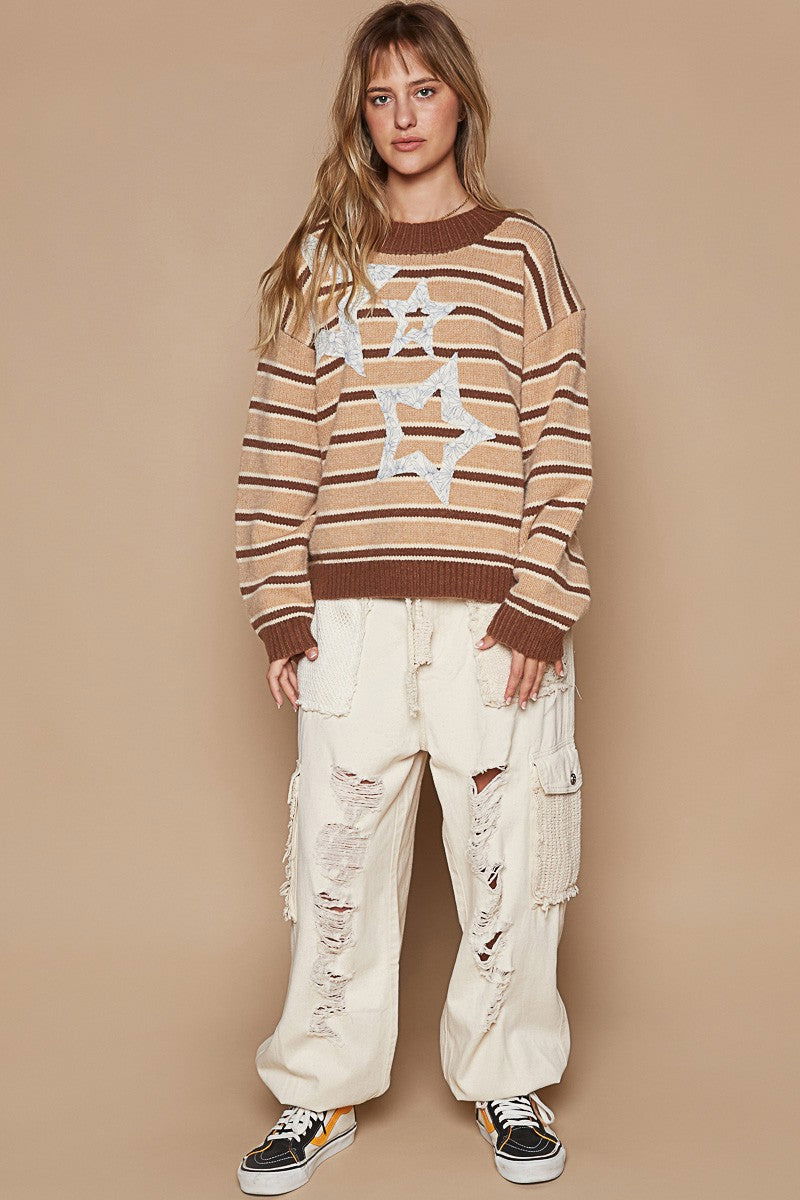 POL Star Patch Stripe Round Neck Sweater In Brown us.meeeshop - 