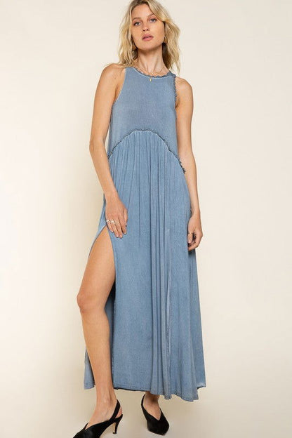 POL Stone Washed Side Slit Cut Out Maxi Dress us.meeeshop - 