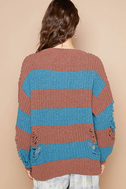 POL Striped Distressed Long Sleeve Sweater In Choco us.meeeshop - 