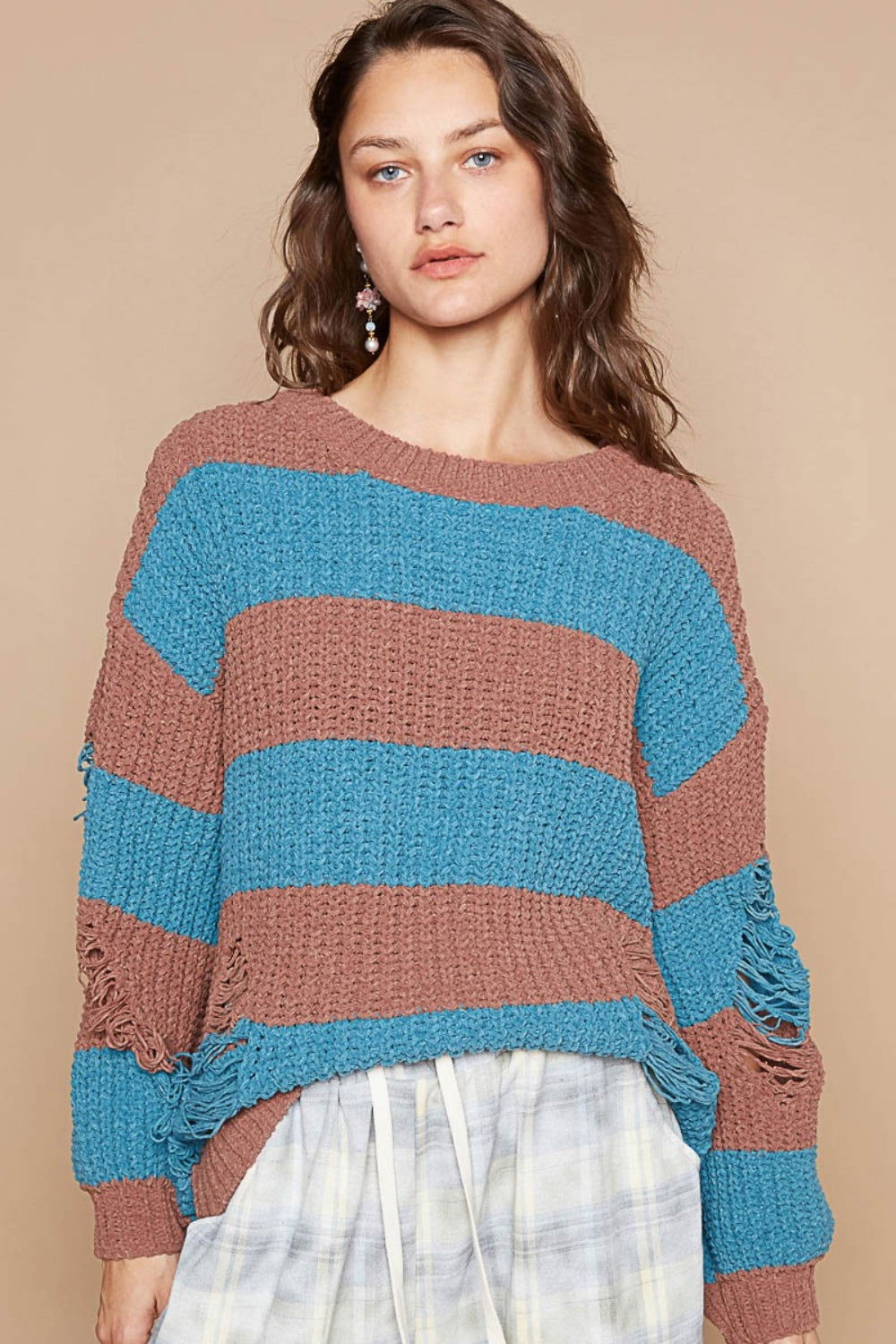 POL Striped Distressed Long Sleeve Sweater In Choco us.meeeshop - Shirts & Tops