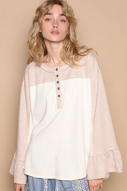 POL Striped Flounce Sleeve Exposed Seam Top us.meeeshop - Shirts & Tops