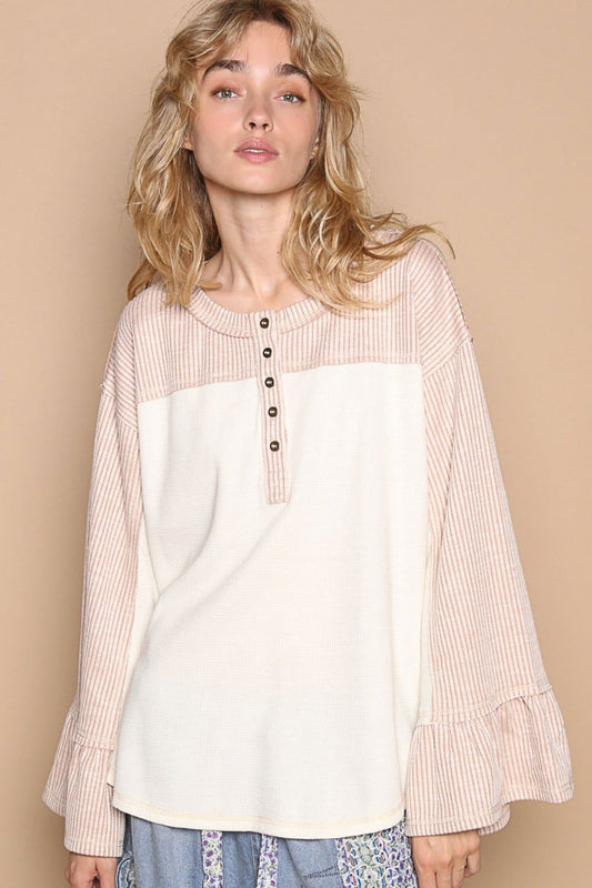 POL Striped Flounce Sleeve Exposed Seam Top us.meeeshop - Shirts & Tops