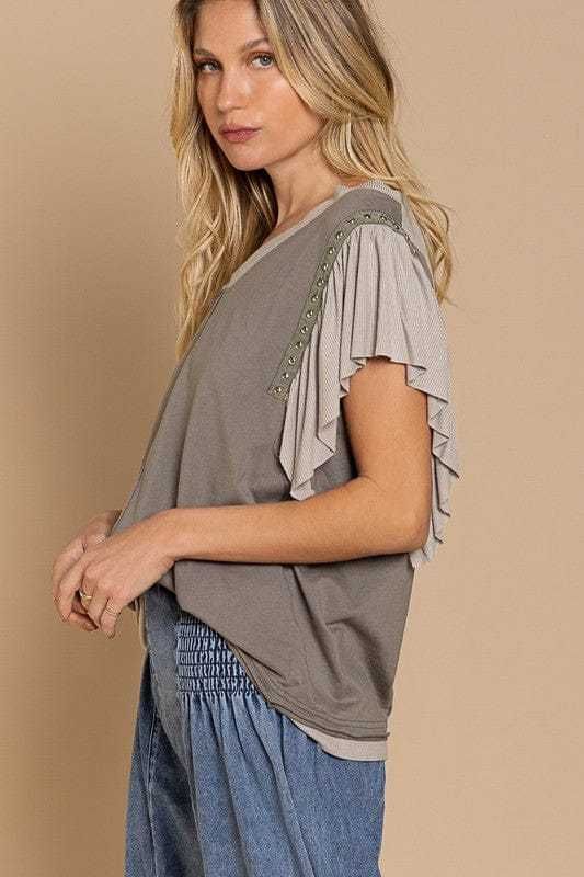 POL | Studded Flutter Sleeve T shirt us.meeeshop - 