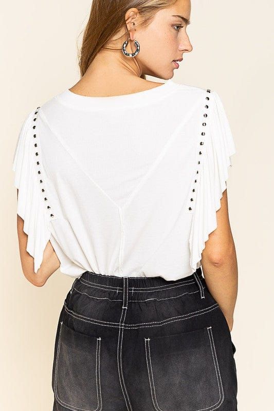 POL | Studded Flutter Sleeve T shirt - us.meeeshop