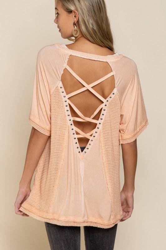 POL | Studded Strappy Back Waffle Mixed Knit Top | us.meeeshop