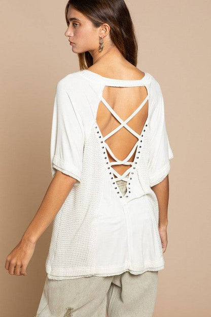 POL | Studded Strappy Back Waffle Mixed Knit Top | us.meeeshop