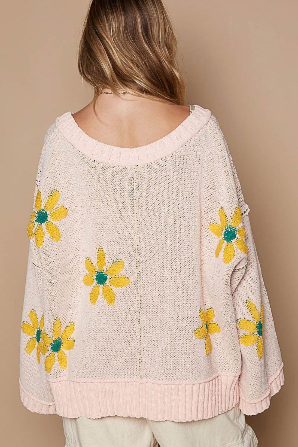 POL V-Neck Floral Pattern Chenille Sweater us.meeeshop - 