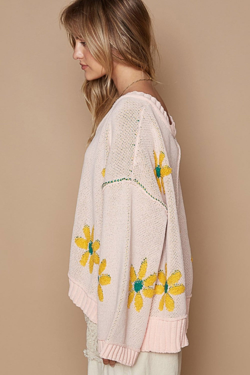 POL V-Neck Floral Pattern Chenille Sweater us.meeeshop - 