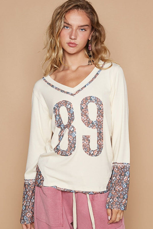 POL V-Neck Long Sleeve Floral Number Patch T-Shirt us.meeeshop - Shirts & Tops