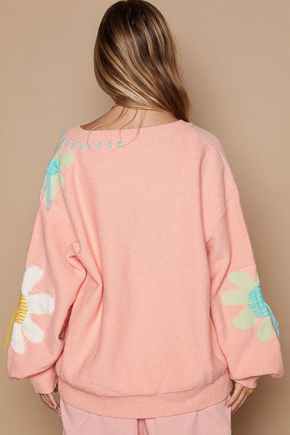 POL V-Neck Long Sleeve Flower Fringe Sweater In Pink us.meeeshop - 