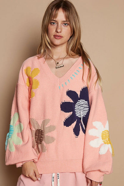 POL V-Neck Long Sleeve Flower Fringe Sweater In Pink us.meeeshop - 