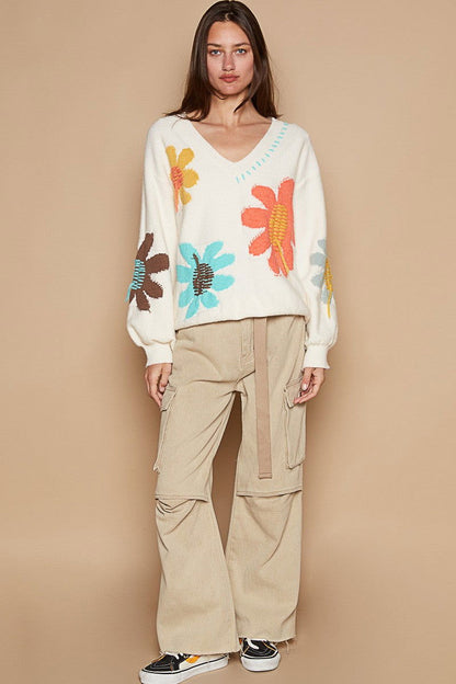 POL V-Neck Long Sleeve Flower Fringe Sweater us.meeeshop - 