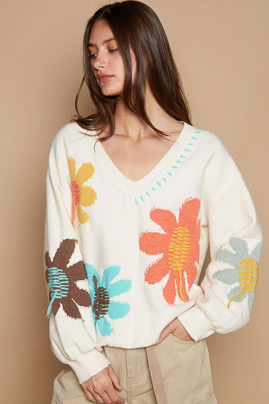 POL V-Neck Long Sleeve Flower Fringe Sweater us.meeeshop - Shirts & Tops