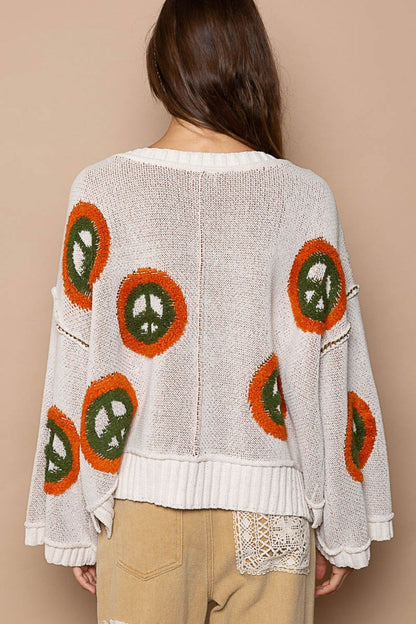 POL V Neck Long Sleeve Peace Pattern Sweater us.meeeshop - 