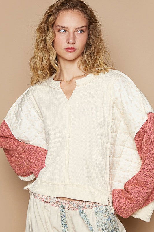 POL Waffle-Knit Contrast Notched Long Sleeve Knit Top - Cream us.meeeshop - 