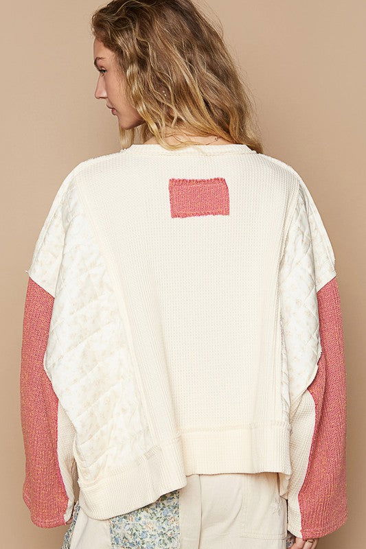 POL Waffle-Knit Contrast Notched Long Sleeve Knit Top - Cream us.meeeshop - 