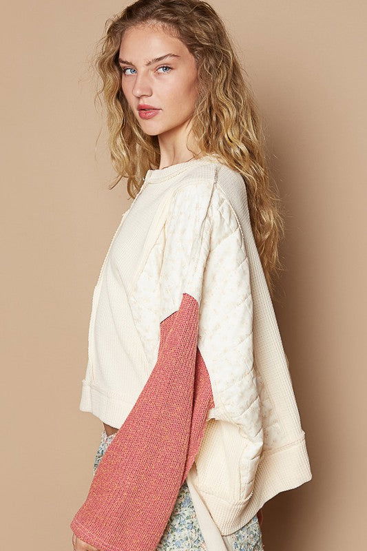 POL Waffle-Knit Contrast Notched Long Sleeve Knit Top - Cream us.meeeshop - 