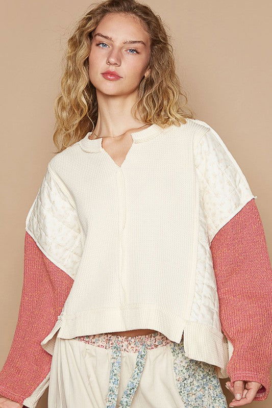 POL Waffle-Knit Contrast Notched Long Sleeve Knit Top - Cream us.meeeshop - Shirts & Tops