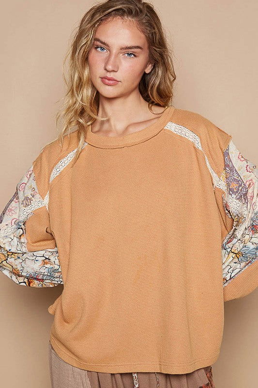 POL Waffle-Knit Lace Detail Round Neck Top - Sherbet us.meeeshop - 