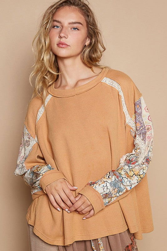 POL Waffle-Knit Lace Detail Round Neck Top - Sherbet us.meeeshop - Shirts & Tops