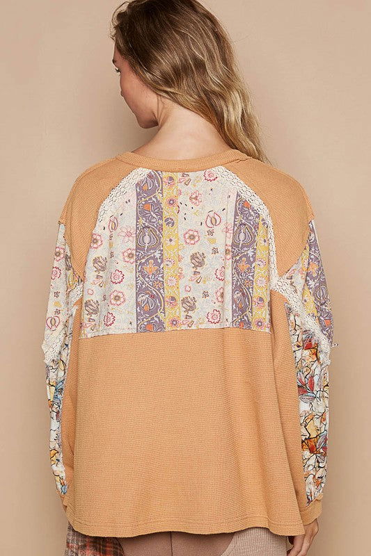 POL Waffle-Knit Lace Detail Round Neck Top - Sherbet us.meeeshop - 