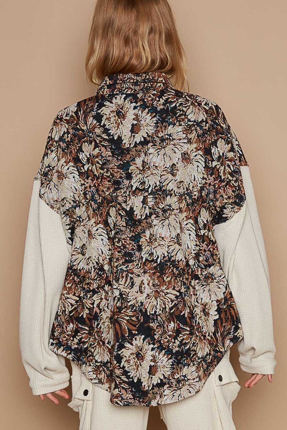 POL Contrast Sleeves Button Down Floral Jacquard Shirt - us.meeeshop