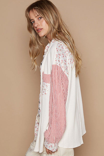 POL Long Sleeve Embroidered Print Patch Pocket Shirt - us.meeeshop