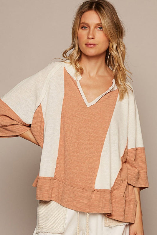 POL Notched Frayed Edge Contrast Top - us.meeeshop