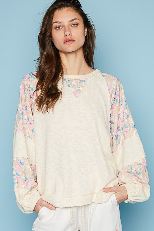 POL Round Neck Balloon Floral Long Sleeve Top - us.meeeshop