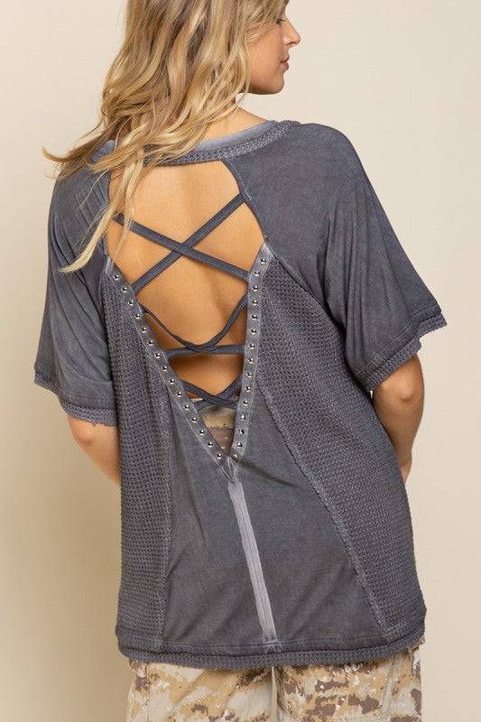 POL | Studded Strappy Back Waffle Mixed Knit Top - us.meeeshop