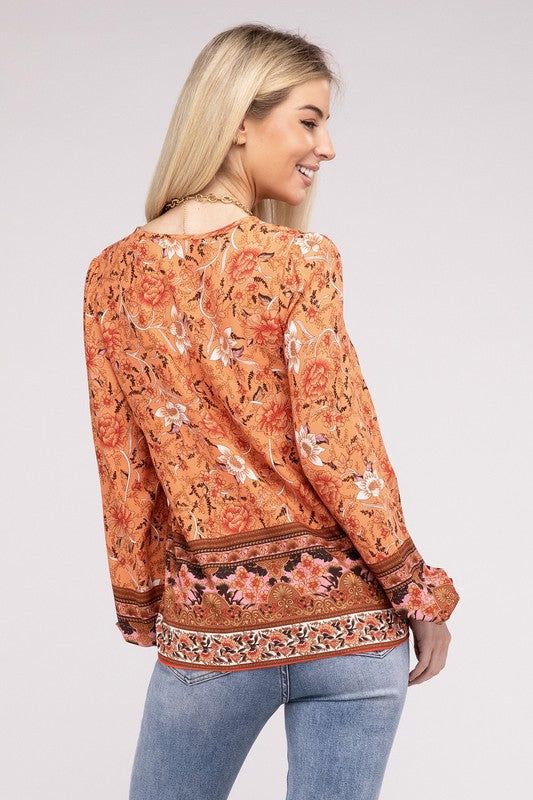 Paisley Print Tie Neck Blouse us.meeeshop - 