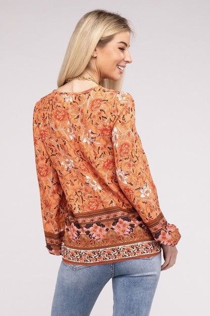 Paisley Print Tie Neck Blouse us.meeeshop - 