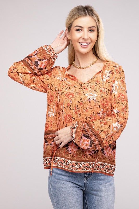 Paisley Print Tie Neck Blouse us.meeeshop - Shirts & Tops