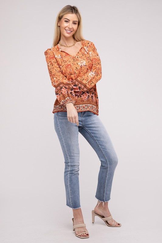 Paisley Print Tie Neck Blouse us.meeeshop - 