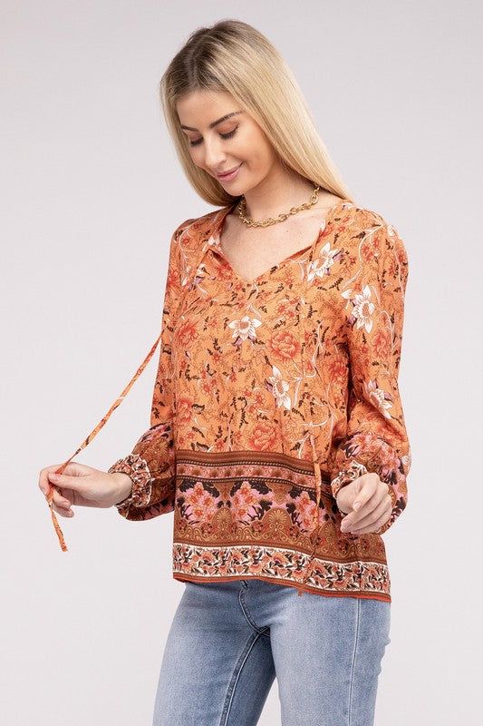 Paisley Print Tie Neck Blouse us.meeeshop - 