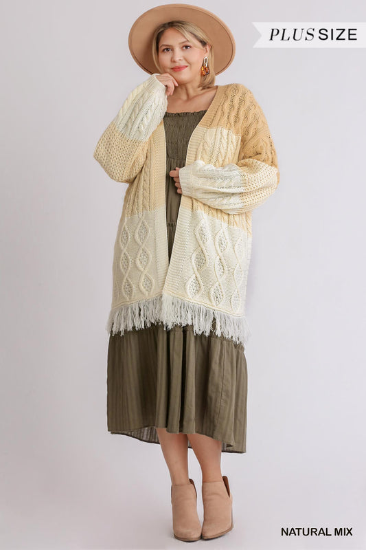 Patchwork Knitted Open Front Cardigan Sweater With Frayed Hem | us.meeeshop