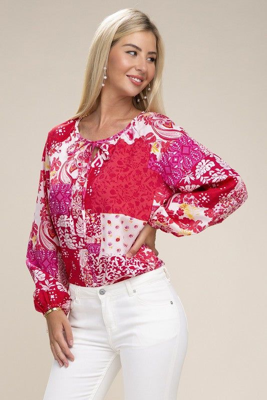 Patchwork Print Tie Neck Blouse in Red us.meeeshop - Shirts & Tops