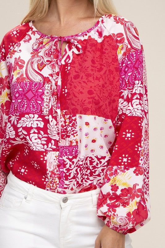 Patchwork Print Tie Neck Blouse in Red us.meeeshop - 