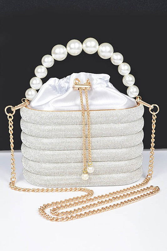 Pearl Handle Rhinestone Statement Bucket Clutch us.meeeshop - 