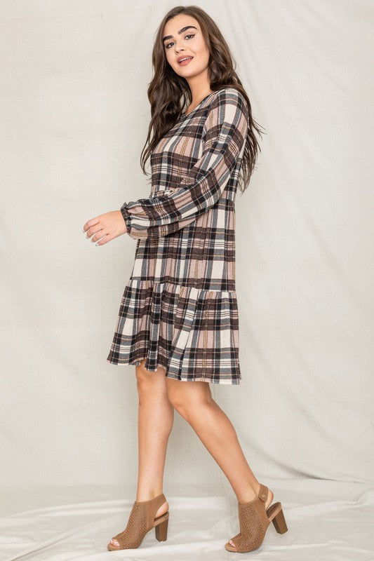 Plaid Balloon Sleeve Tiered Midi Dress us.meeeshop - 