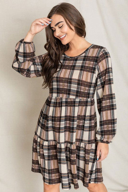 Plaid Balloon Sleeve Tiered Midi Dress us.meeeshop - Dresses