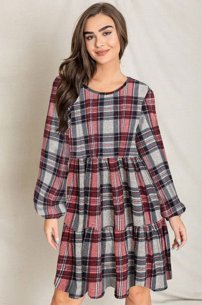 Plaid Balloon Sleeve Tiered Midi Dress us.meeeshop - 