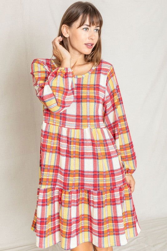 Plaid Balloon Sleeve Tiered Midi Dress us.meeeshop - 