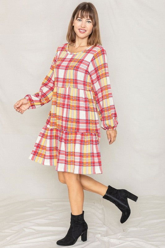 Plaid Balloon Sleeve Tiered Midi Dress us.meeeshop - 